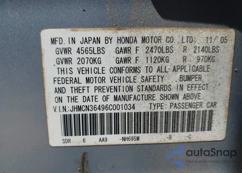 2006 Honda Accord Hybrid from USA, damaged, VIN JHMCN36496C001034